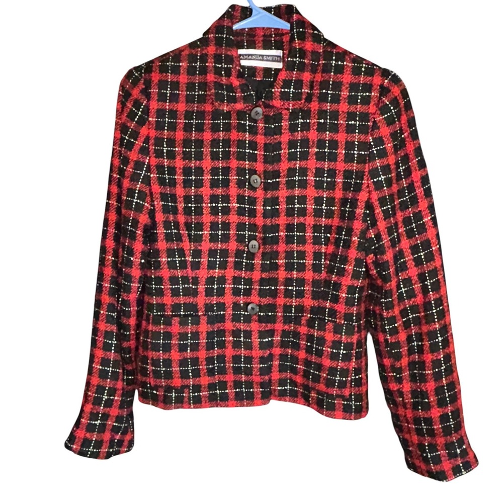 AMANDA SMITH Womens Checkered Blazer Jacket Size 6 Red‎ Black Mohair Blend